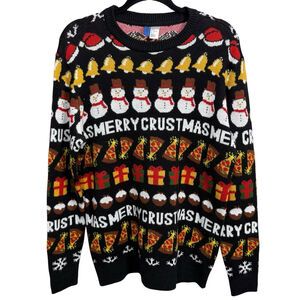 H&M Divided Black Christmas Sweater Medium Merry Crustmas Pizza Snowman Santa